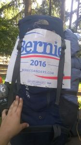Here's his sign on his backpack promoting Bernie.